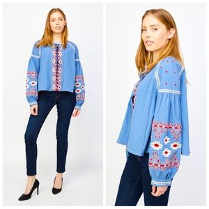 RDandkoko Embroidered Long Sleeve Blue, Red & White Oversize Blouse Size S.